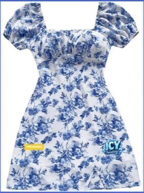 Floral Puff Sleeve Square Neck A Line Mini Dress Polyester